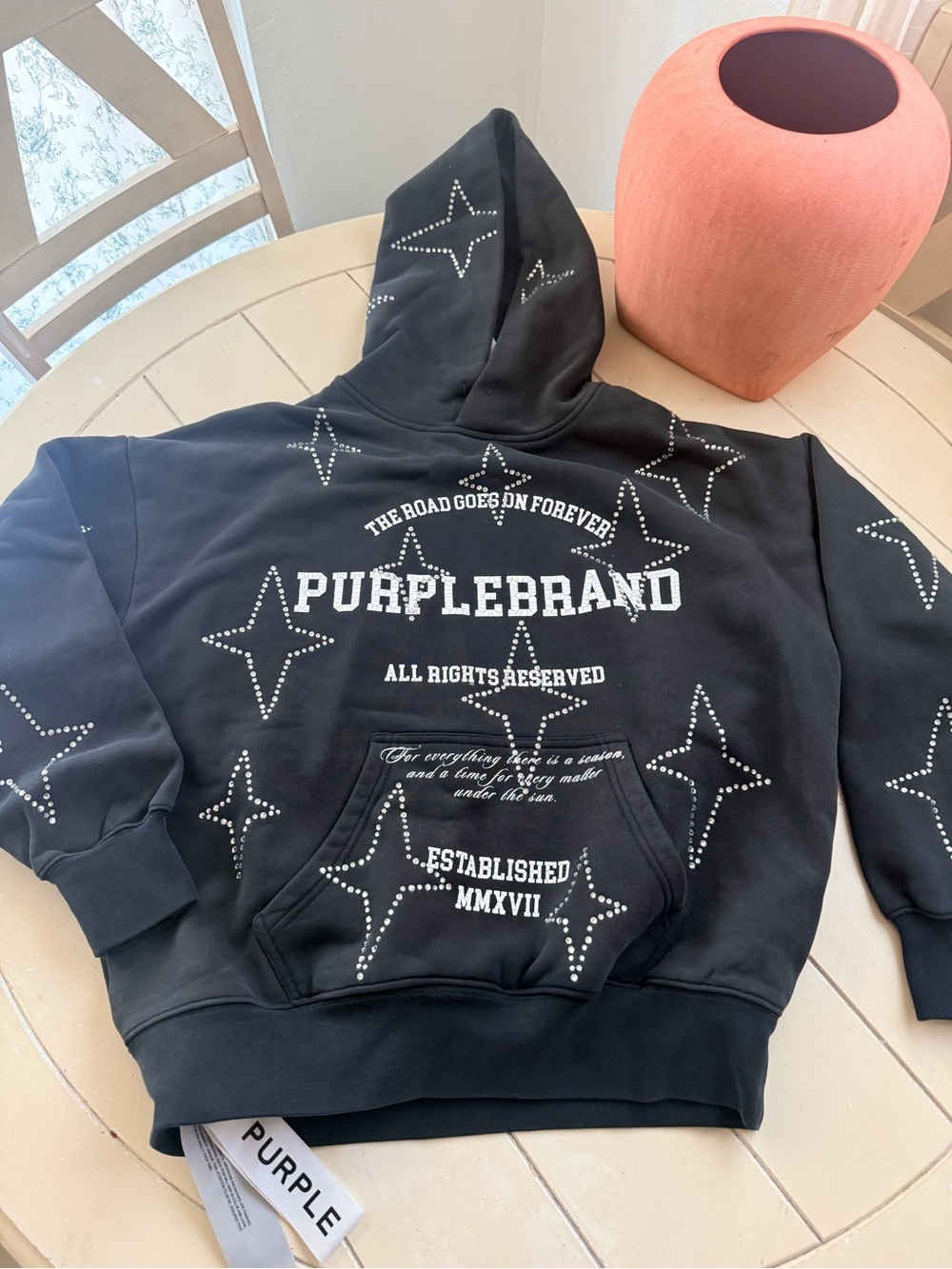 PurpleBrand Black Graphic mens Hoodie with Stud Star Accents